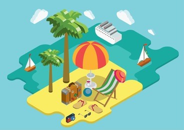 beach sea ocean cruise summer vacation flat 3d isometric pixel art modern design concept vector. palm island chaise lounge deck chair suitcase thongs. web banners website infographics illustration.