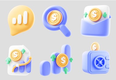 minimalist finance icon set featuring 3d icons representing finance and business concepts, including statistics graphs, charts, magnify, saft box, and calculators. rendered in 3d