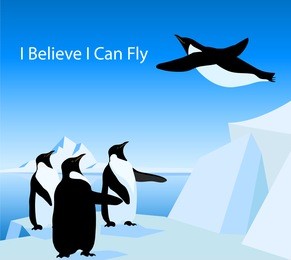 three emperor penguin see to a flying penguin. i believe i can fly