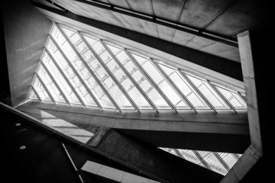 glass office buildings in wide angle view.modern conceptual high tech building with abstract roof and stairs