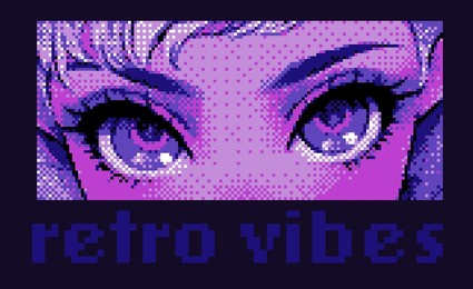 pixel art 8-bit anime eyes of a cartoon girl. vaporwave the 90's retro style vector print for t-shirt, cover or poster.