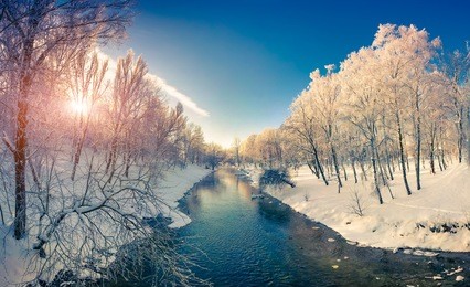 beautiful winter sunrise in the city park. retro style.