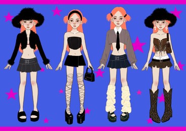 drawing, illustration of female fashion model in grunge and y2k style