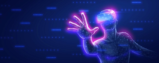 a man using a vr device for an immersive virtual experience. virtual reality, 3d experience, augmented reality, ai technology, entertainment industry, educational 3d, futuristic learning