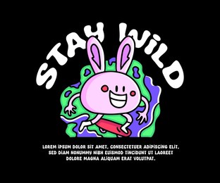 hype bunny playing skateboard with stay wild text, illustration for logo, t-shirt, sticker, or apparel merchandise. with doodle, retro, groovy, and cartoon style.