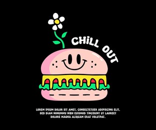funny burger and tiny sunflower with chill out text, illustration for logo, t-shirt, sticker, or apparel merchandise. with doodle, retro, groovy, and cartoon style.