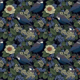 art deco vintage seamless pattern,birds  and flowers ornaments on a dark bakground.