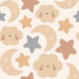 moon, sun, cloud and stars cute seamless pattern, cartoon vector illustration, cute kawaii cartoon drawn background, isolated background