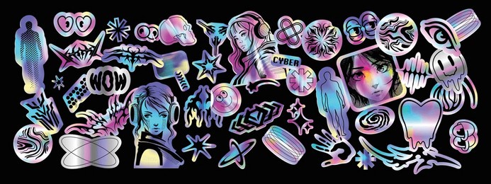 holograph u2k sticker vector set, hologram cyber holo icon pack, space neon foil retro acid badge. futuristic vintage stars, hype cd effect tag, trippy woman portrait clipart. metal holograph sticker