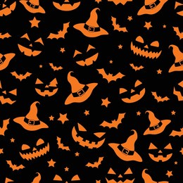 vector seamless pattern of emotions of pumpkins, witch hats, bats and stars silhouette orange texture on a black background, repeatable wallpaper on orange color background scary repeatable wallpaper.