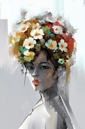 abstract color paint, portrait of person in oil painting. modern art, beauty portrait of a young female model. fashion illustration artwork, paint lady - woman face with colorful flower design