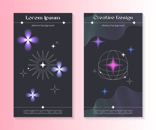 vector insta story cosmic templates with linear shapes,blurred sparkles in 90s style.smm banners in y2k aesthetic.futuristic designs for social media marketing,branding,packaging