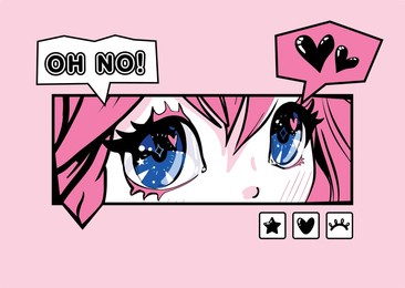anime girl with big eyes. pink kawaii girl illustrationwith heart sign, text oh no.
