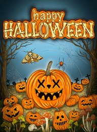 happy halloween party poster. halloween pumpkins under the moonlight. 