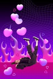 beautiful young girl in casual clothes lying over heart symbols on abstract background. contemporary art collage. concept of y2k style, futurism, creativity and inspiration, youth. poster, ad