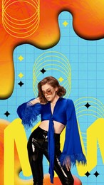elegant, beautiful young woman in stylish clothes over colorful abstract background. contemporary art collage. concept of y2k style, futurism, creativity and inspiration, youth. poster, ad