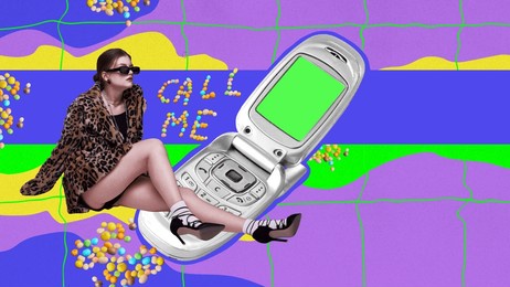 stylish young girl in coat with animal print and retro mobile phone. call me. contemporary art collage. concept of y2k style, futurism, creativity and inspiration, youth. poster, ad