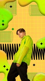 young guy, hipster in colorful stylish sportive clothes over yellow background with abstract elements. contemporary art. concept of y2k style, futurism, creativity and inspiration, youth. poster, ad