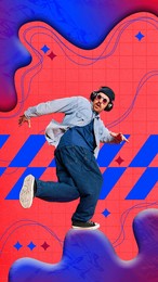 young man in sport style clothes listening to music in headphones and dancing over abstract colorful background. contemporary art collage. concept of y2k style, creativity and inspiration. poster, ad