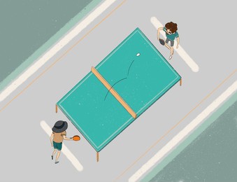 two people playing ping pong in isometric style with top view in pastel calm colors