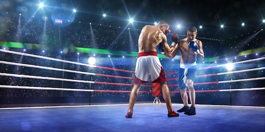 two professionl boxers are fighting on the grand arena panorama view