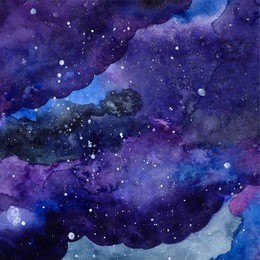 watercolor space texture with glowing stars. night starry sky with paint strokes and swashes. vector illustration.