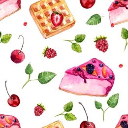 watercolor desserts and berries seamless pattern. vector background with sweets, leaves, cake and belgian waffle. 