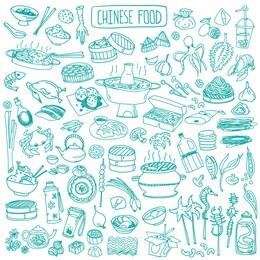 big set of various doodles, hand drawn rough simple chinese cuisine food sketches.