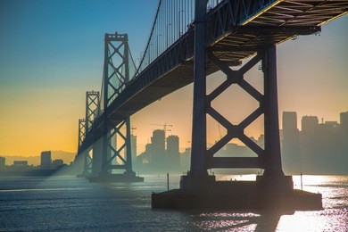 san francisco bay bridge during sunset