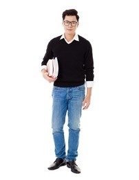 full length portrait of  smiling school boy holding books