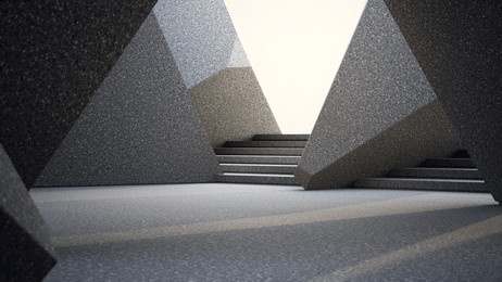geometric shapes structure on gray concrete floor. abstract architecture design 3d illustration.