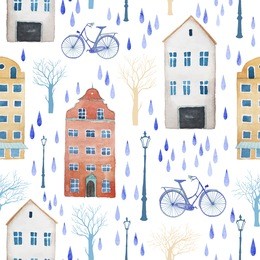 watercolor rainy city of europe pattern. seamless texture with buildings, trees, lamps and rain drops. white background 