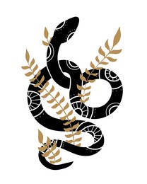 vector illustration of a decorative swirled snake with stems and foliage. tracery anaconda clipart with natural decoration. boho image of serpent for sticker, card and tattoo