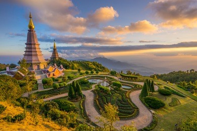 landscape of two pagodas noppamethanedol & noppapol phumsiri in an inthanon mountain, thailand.