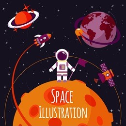 space concept with astronaut on moon and rocket satellites on orbit flat  illustration