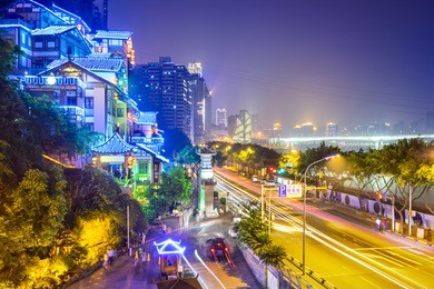 chongqing, china cityscape at hongyadong hillside buildings.