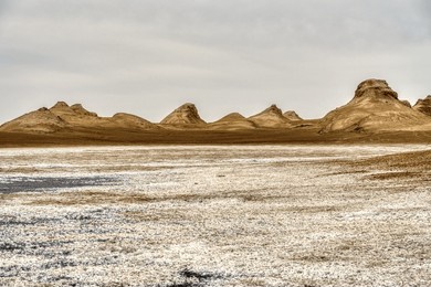 landscape of sand hills and dry salt lakes in the desert.