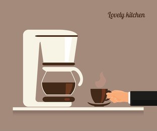 human hand holds a cup of coffee near white coffee machine. flat illustration