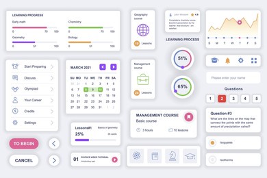 user interface elements set for education mobile app. kit template with hud diagrams, learning progress, calendar, lesson plan, profile management. pack of ui, ux, gui screens. vector components.