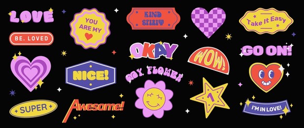 colorful y2k retro label and sticker set. collection of trendy cartoon shapes with cheerful phrases and funny comic characters. modern vector illustration.
