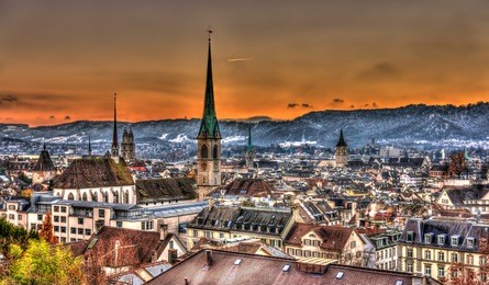 view of zurich on a winter evening - switzerland