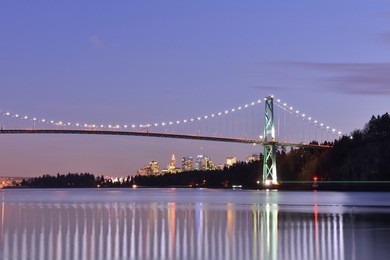 lions gate bridge and downtown vancouver at winter sunset 