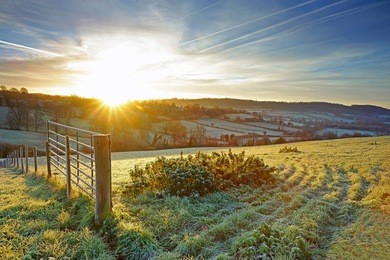                               a very frosty sunrise over the cotswolds, painswick, gloucestershire, united kingdom 