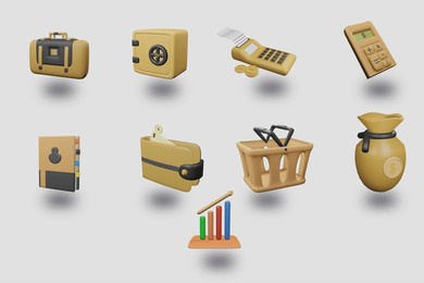 3d business icon set. briefcase, safe, mini atm mechine with money, calculator, contact book, wallet with money, basket, bag, graphic. render vector objects