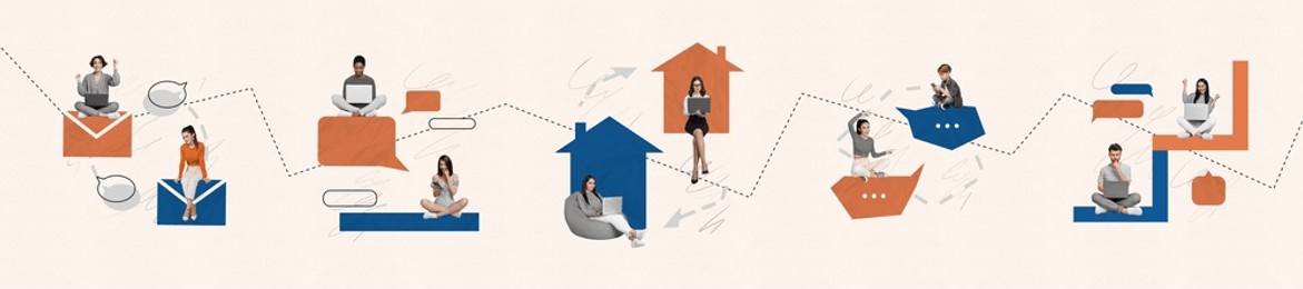 photo collage panorama illustration working remote concept connection between colleagues online messenger isolated on beige background