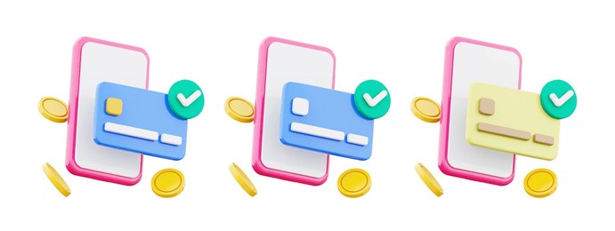 mobile phone with card, successful mobile payment symbol collection 3d illustration