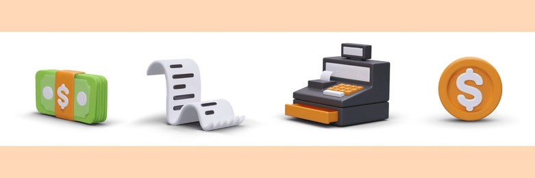 set of color icons for online store, internet banking. 3d stack of banknotes, paper receipt, cash register, coin with dollar sign. isolated vector illustration on white background