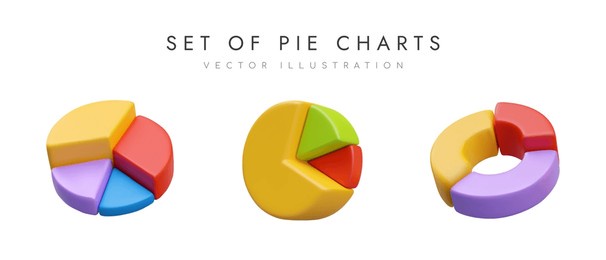 set of different pie charts. poster with collection of round diagrams for business management and finance. vector illustration in yellow, red and purple colors