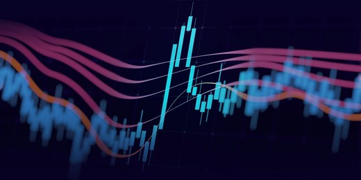 financial graph with trend line chart in stock market on neon color background