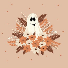 halloween illustration with ghost and leaves. spooky seasonal card brochure design. stock vector halloween retro colors banner